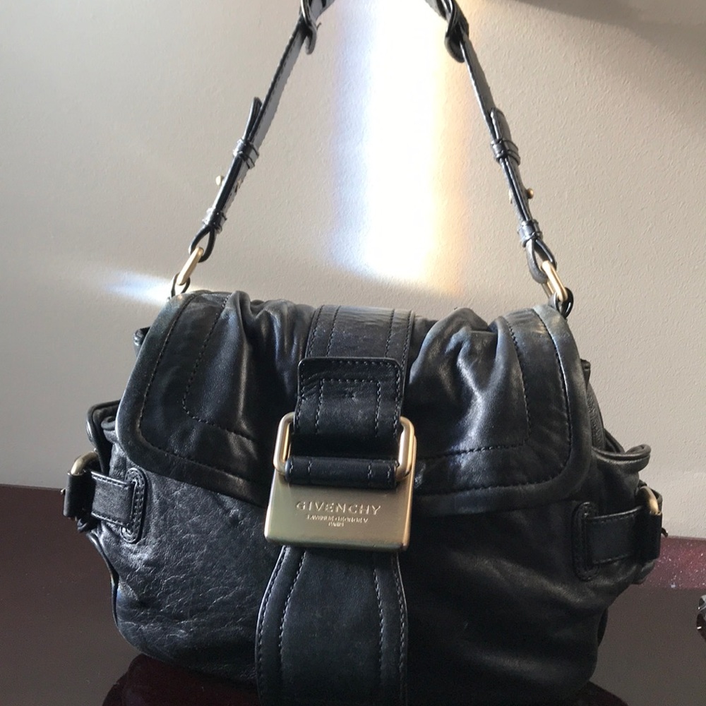 Givenchy black leather shoulder bag with gold hardware vintage boho chic
